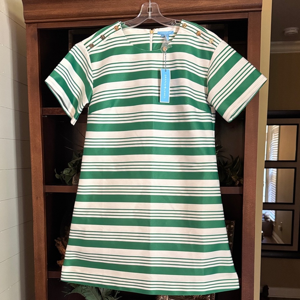 Draper James Green and White Striped Short-Sleeve Shift Dress